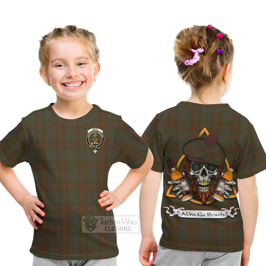 Tartan Vibes Clothing Gray Tartan Kid T-Shirt with Family Crest and Bearded Skull Holding Bottles of Whiskey