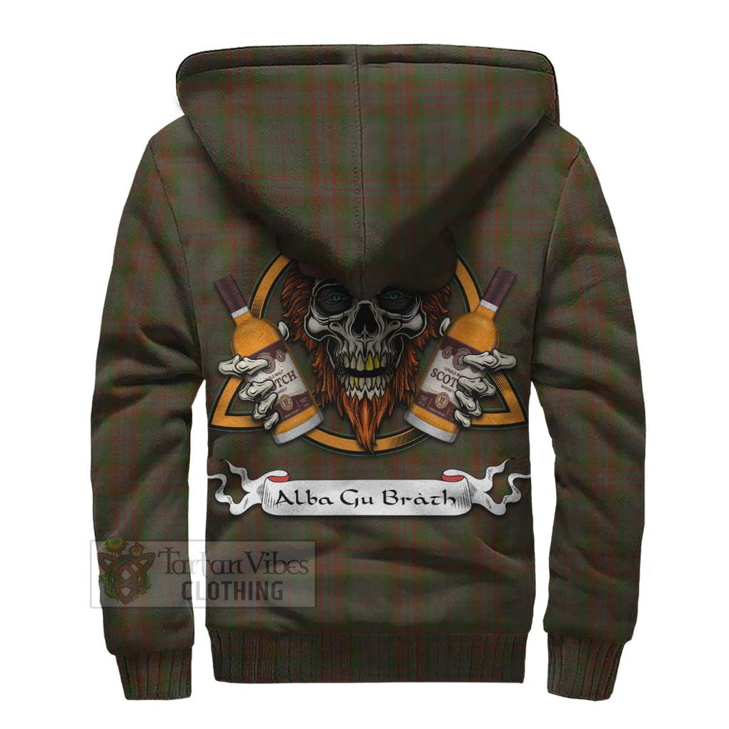 Tartan Vibes Clothing Gray Tartan Sherpa Hoodie with Family Crest and Bearded Skull Holding Bottles of Whiskey