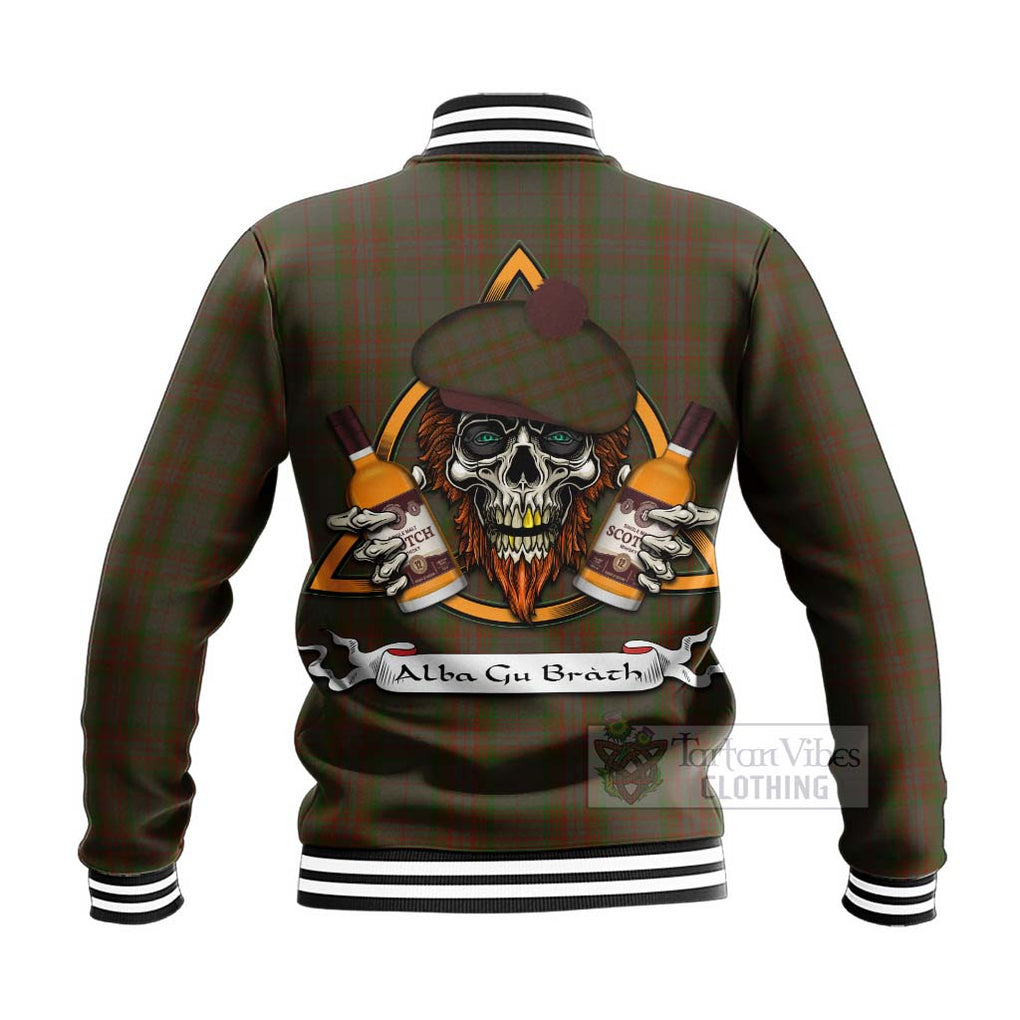 Tartan Vibes Clothing Gray Tartan Baseball Jacket with Family Crest and Bearded Skull Holding Bottles of Whiskey