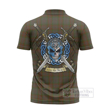 Gray Tartan Zipper Polo Shirt with Family Crest Celtic Skull Style