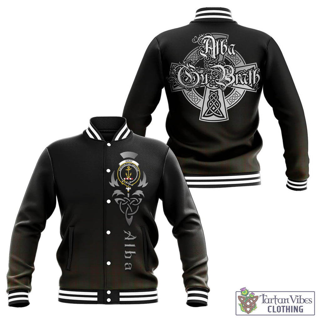 Tartan Vibes Clothing Gray Tartan Baseball Jacket Featuring Alba Gu Brath Family Crest Celtic Inspired