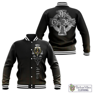 Gray Tartan Baseball Jacket Featuring Alba Gu Brath Family Crest Celtic Inspired