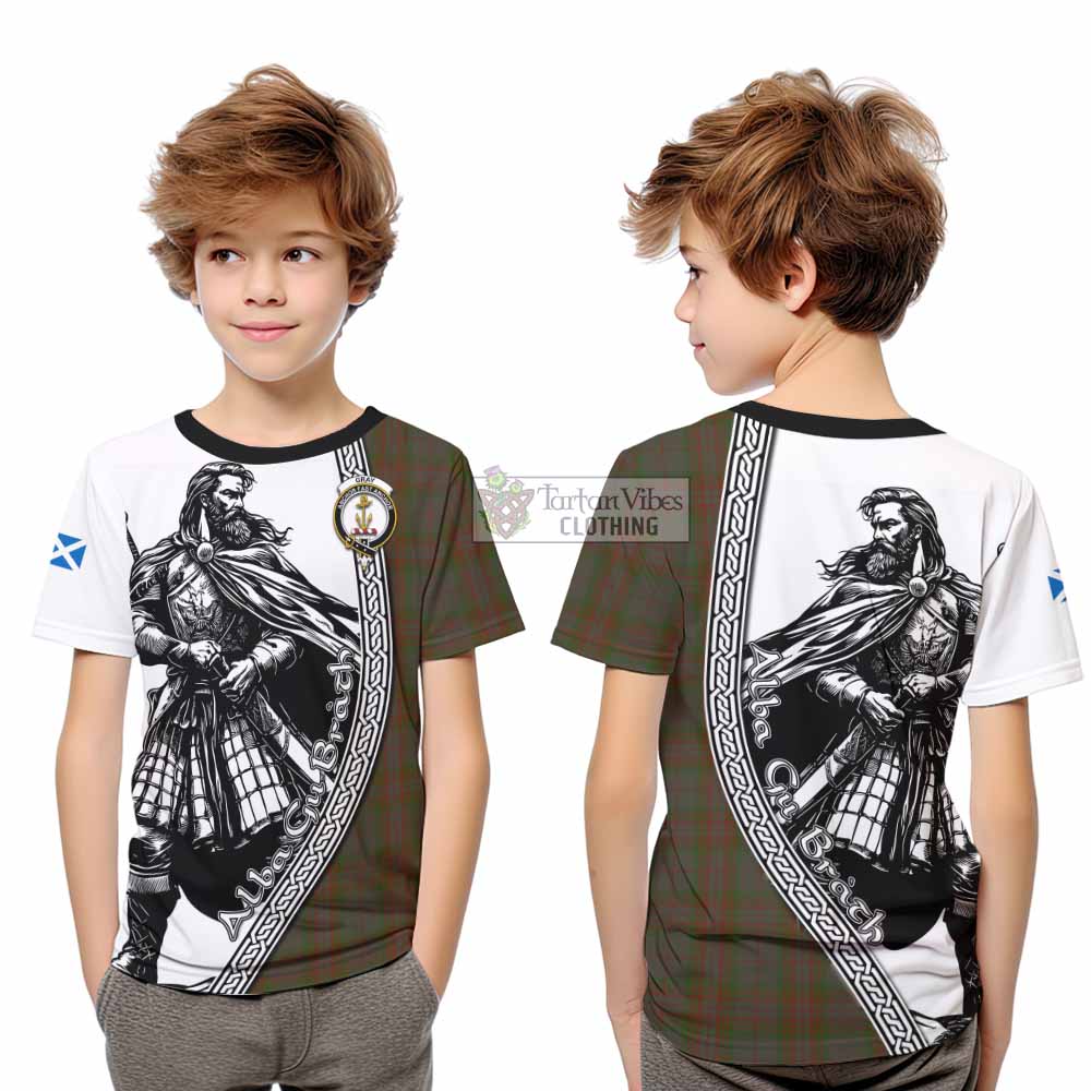 Gray Tartan Clan Crest Kid T-Shirt with Highlander Warrior Celtic Style