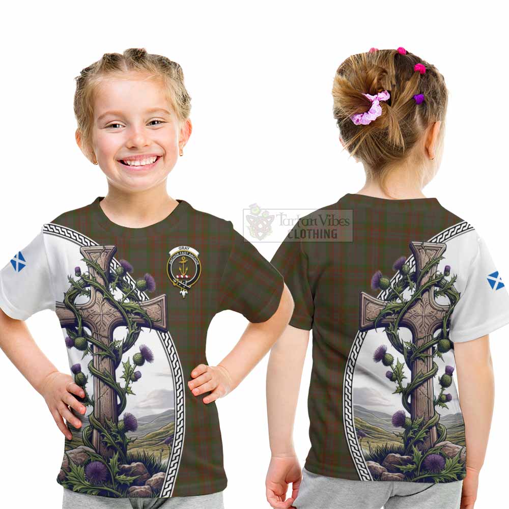 Tartan Vibes Clothing Gray Tartan Kid T-Shirt with Family Crest and St. Andrew's Cross Accented by Thistle Vines