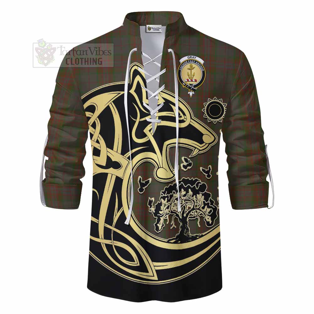 Tartan Vibes Clothing Gray Tartan Ghillie Kilt Shirt with Family Crest Celtic Wolf Style