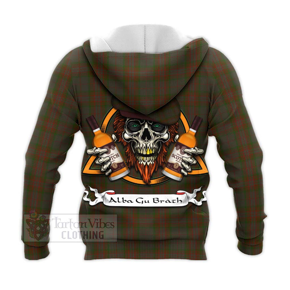 Tartan Vibes Clothing Gray Tartan Knitted Hoodie with Family Crest and Bearded Skull Holding Bottles of Whiskey