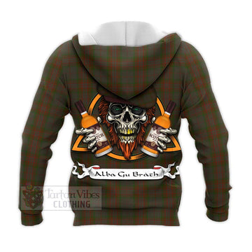 Gray Tartan Knitted Hoodie with Family Crest and Bearded Skull Holding Bottles of Whiskey