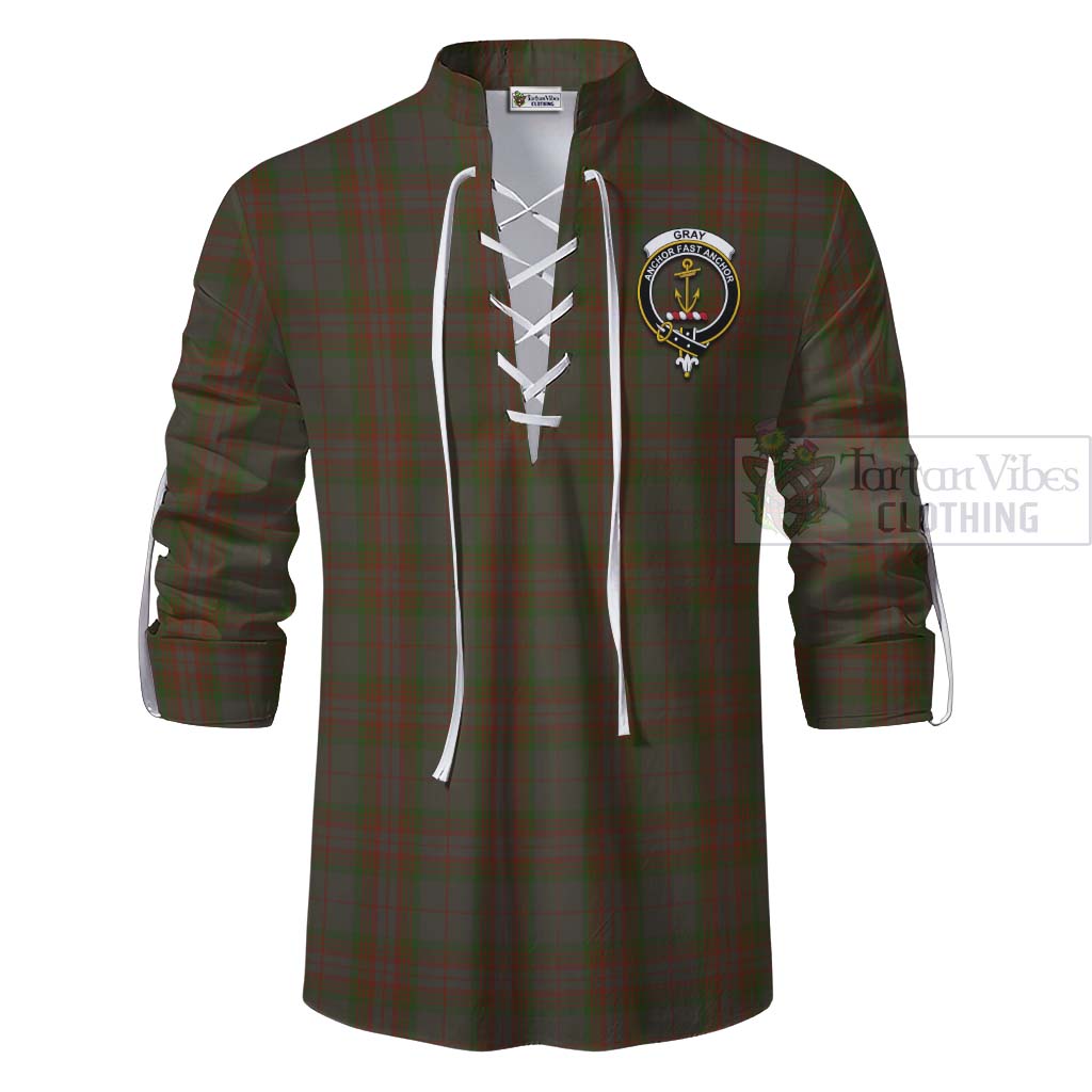 Tartan Vibes Clothing Gray Tartan Ghillie Kilt Shirt with Family Crest and Bearded Skull Holding Bottles of Whiskey