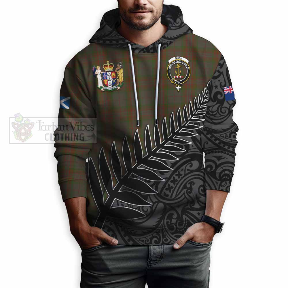 Tartan Vibes Clothing Gray Crest Tartan Hoodie with New Zealand Silver Fern Half Style