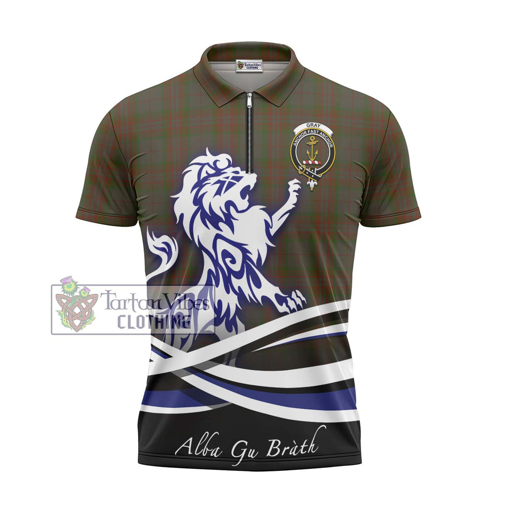 Gray Tartan Zipper Polo Shirt with Alba Gu Brath Regal Lion Emblem - Tartanvibesclothing Shop