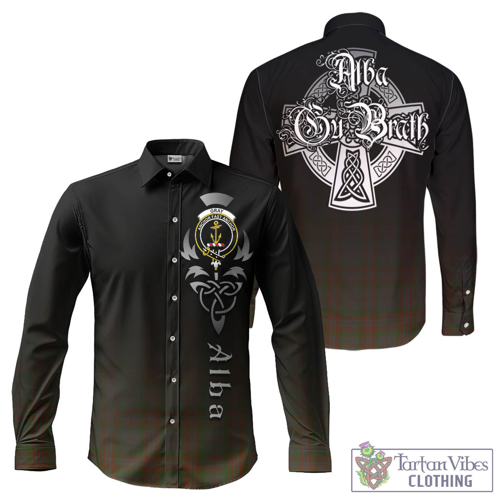 Tartan Vibes Clothing Gray Tartan Long Sleeve Button Up Featuring Alba Gu Brath Family Crest Celtic Inspired