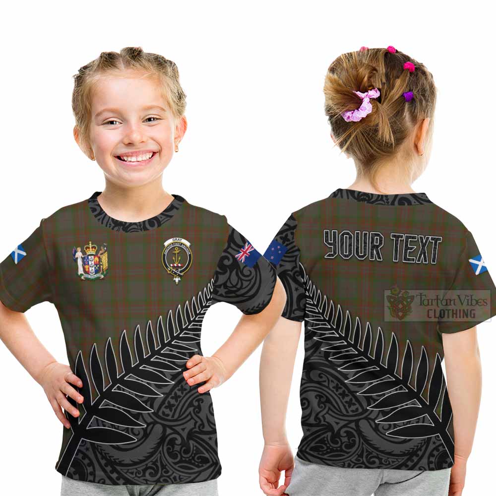 Tartan Vibes Clothing Gray Crest Tartan Kid T-Shirt with New Zealand Silver Fern Half Style