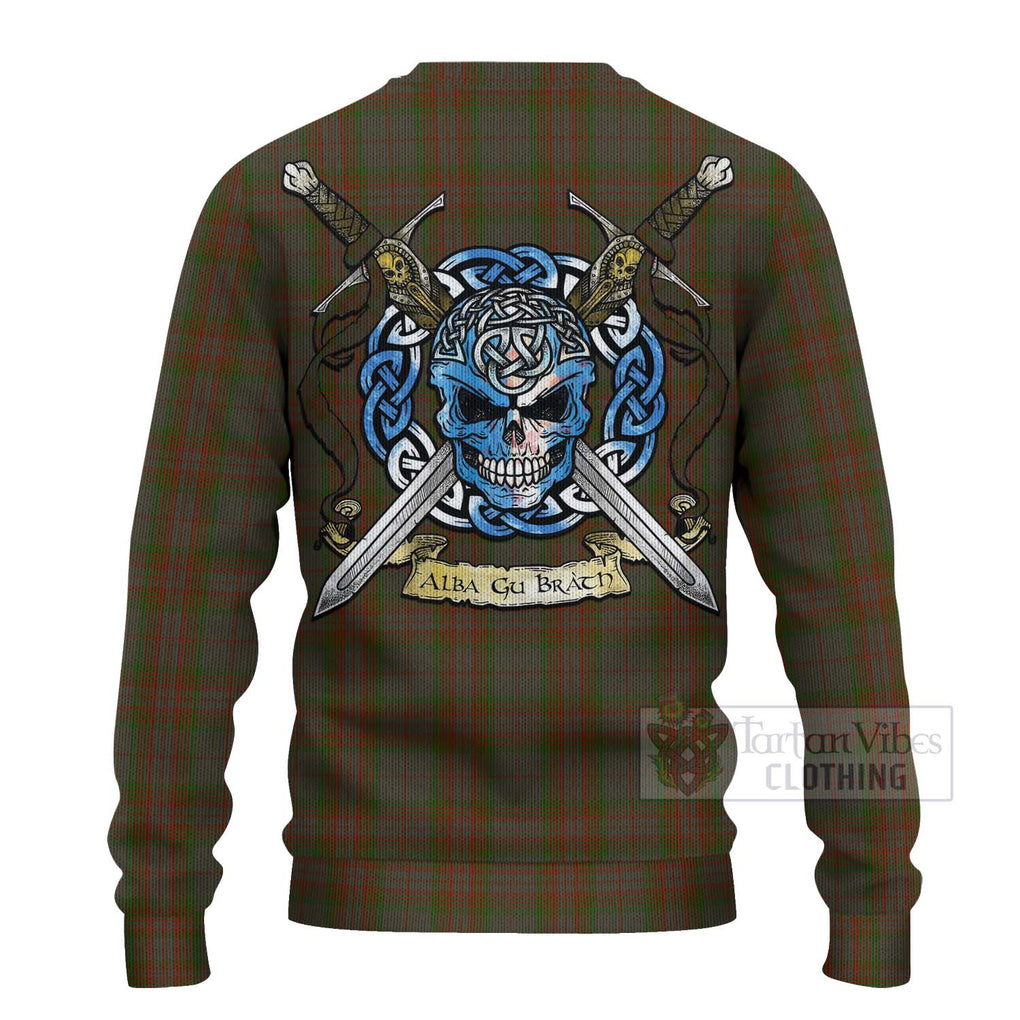 Tartan Vibes Clothing Gray Tartan Knitted Sweater with Family Crest Celtic Skull Style