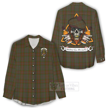 Gray Tartan Women's Casual Shirt with Family Crest and Bearded Skull Holding Bottles of Whiskey