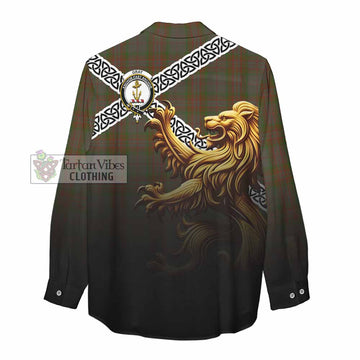 Gray Crest Tartan Women's Casual Shirt with Golden Lion Emblem Celtic Style - Tartan Vibes Clothing