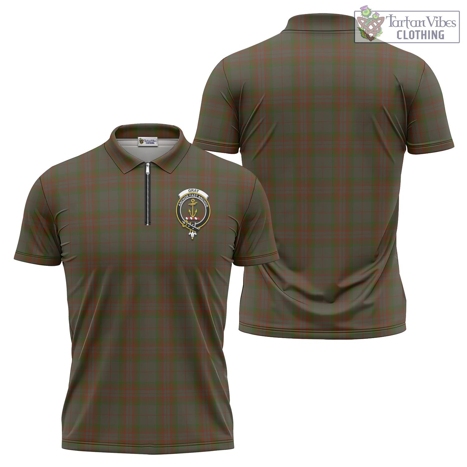 Tartan Vibes Clothing Gray Tartan Zipper Polo Shirt with Family Crest