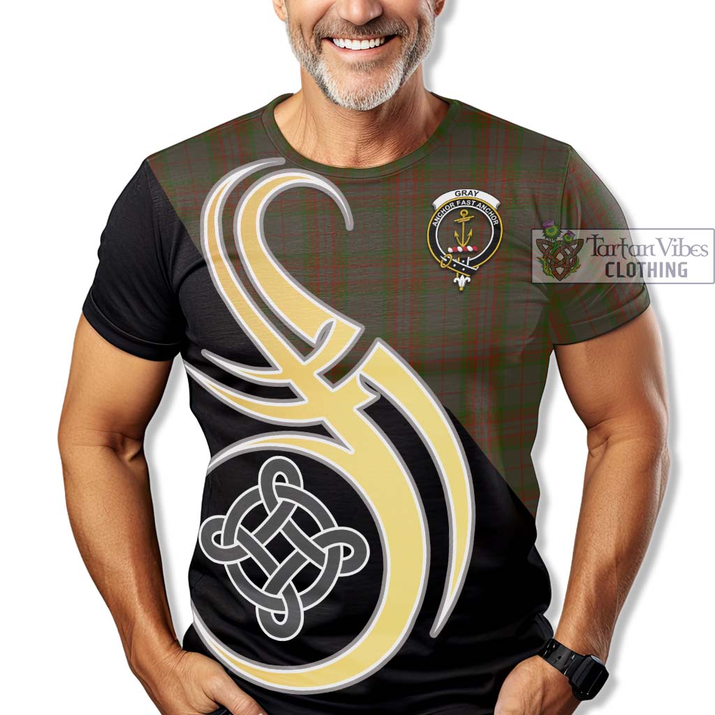 Tartan Vibes Clothing Gray Tartan T-Shirt with Family Crest and Celtic Symbol Style