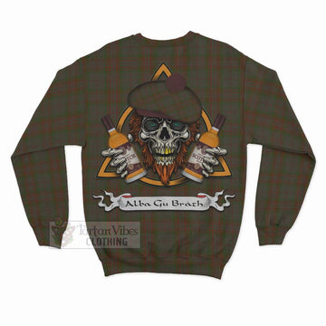 Gray Tartan Sweatshirt with Family Crest and Bearded Skull Holding Bottles of Whiskey