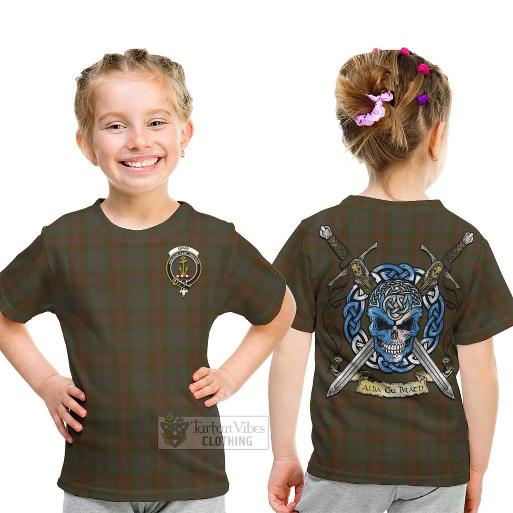 Tartan Vibes Clothing Gray Tartan Kid T-Shirt with Family Crest Celtic Skull Style