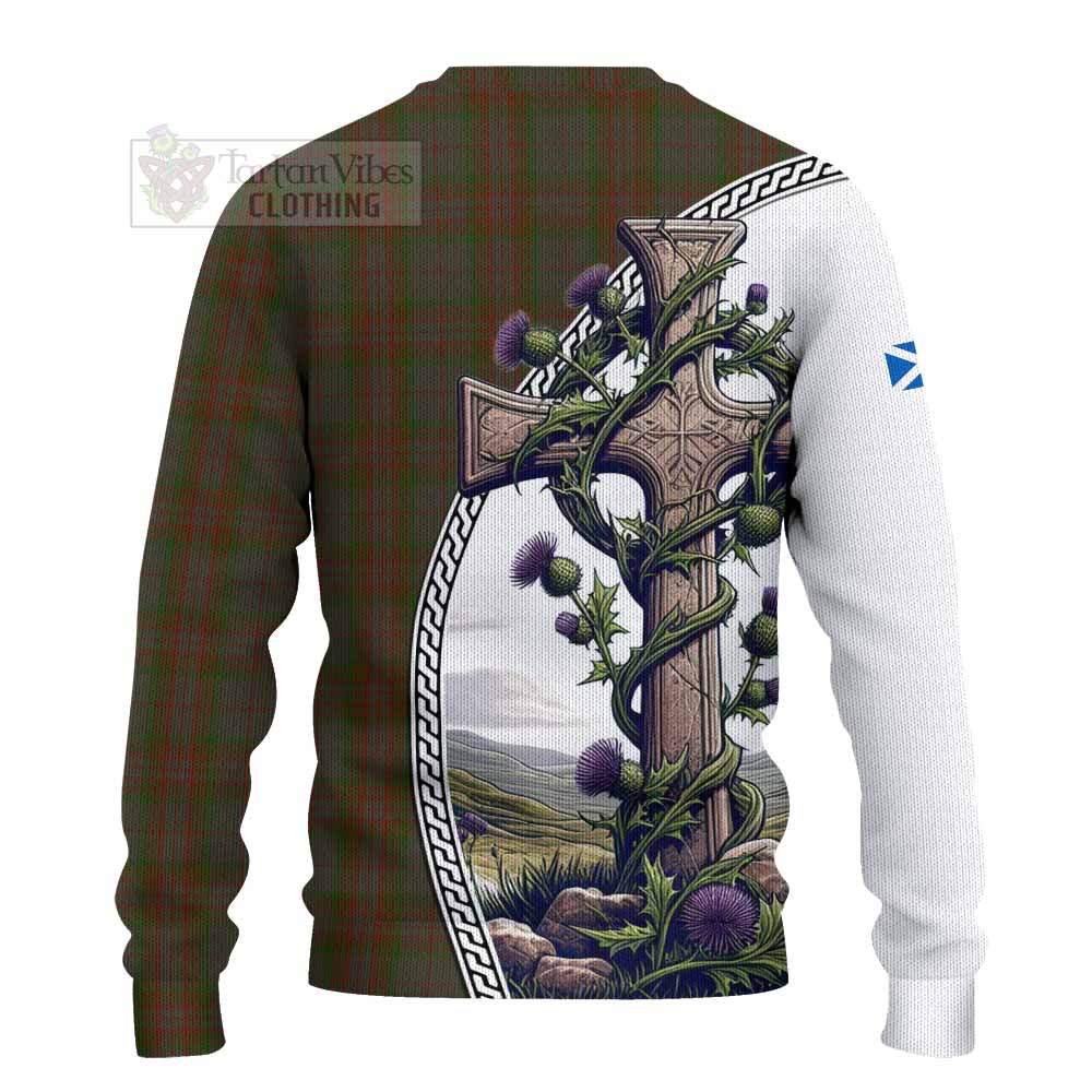 Tartan Vibes Clothing Gray Tartan Knitted Sweater with Family Crest and St. Andrew's Cross Accented by Thistle Vines