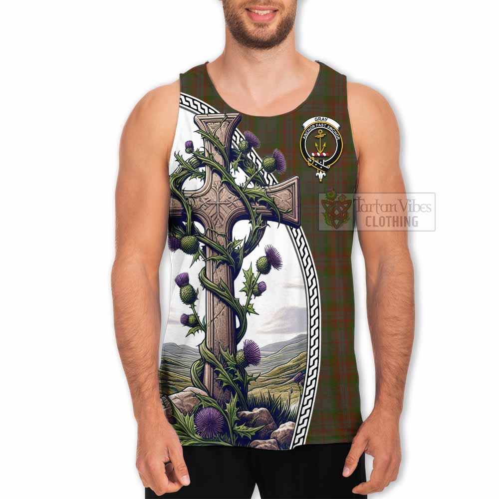 Tartan Vibes Clothing Gray Tartan Men's Tank Top with Family Crest and St. Andrew's Cross Accented by Thistle Vines