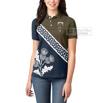 Gray Tartan Women's Polo Shirt Featuring Thistle and Scotland Map