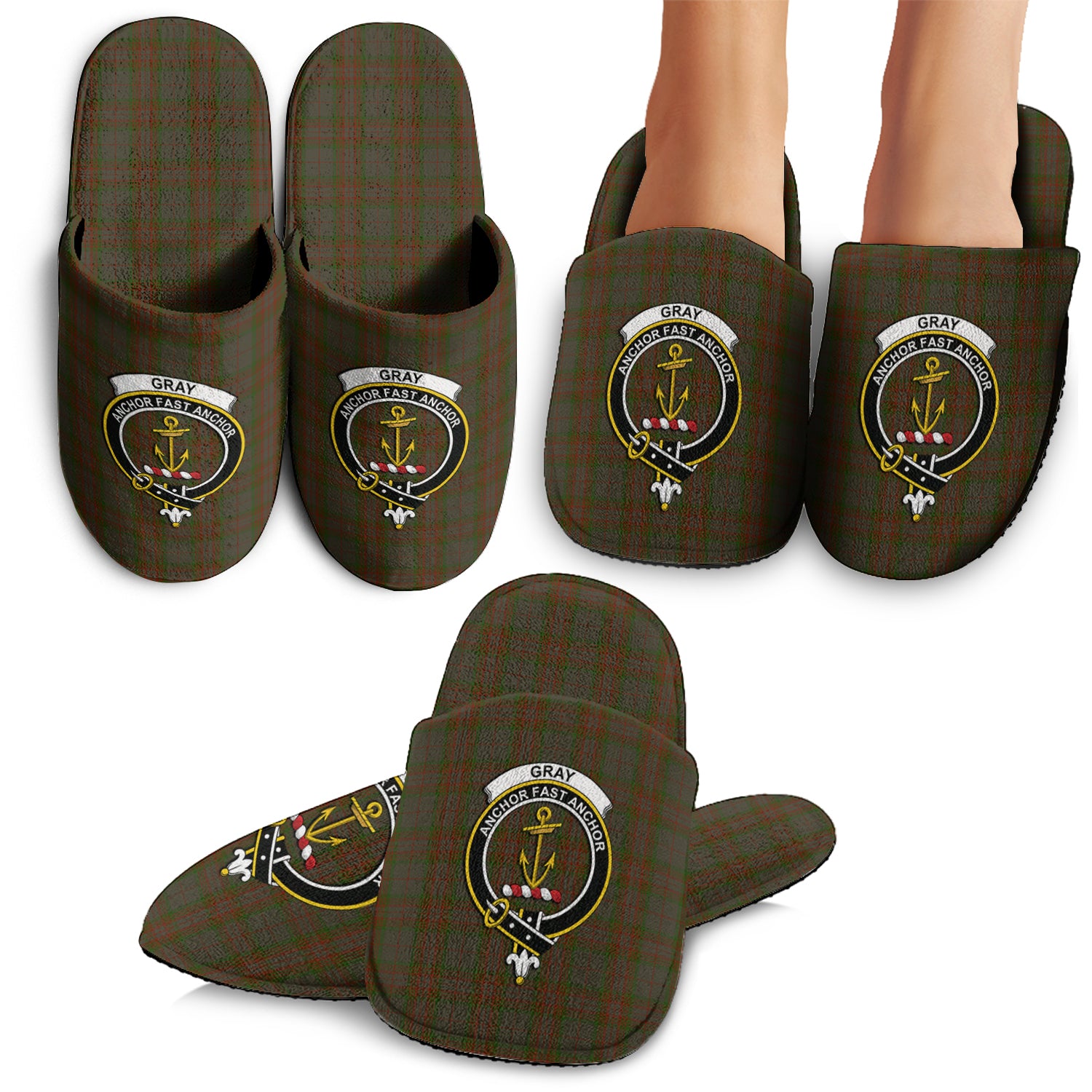 Gray Tartan Home Slippers with Family Crest - Tartanvibesclothing