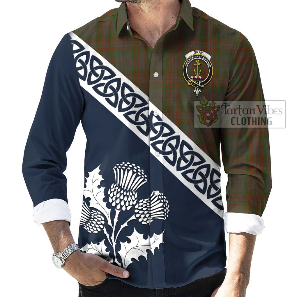 Tartan Vibes Clothing Gray Tartan Long Sleeve Button Shirt Featuring Thistle and Scotland Map