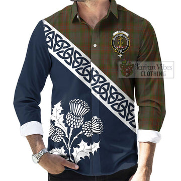 Gray Tartan Long Sleeve Button Shirt Featuring Thistle and Scotland Map