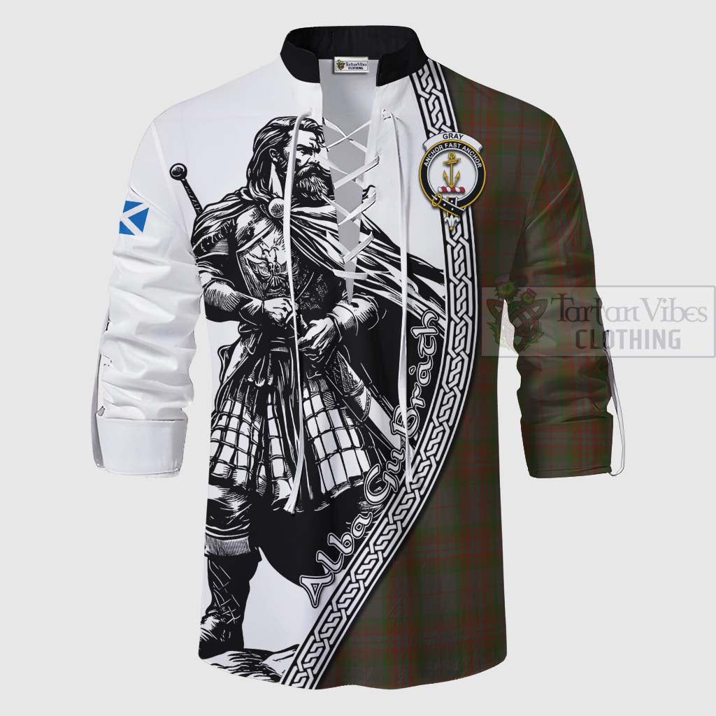 Tartan Vibes Clothing Gray Tartan Clan Crest Ghillie Kilt Shirt with Highlander Warrior Celtic Style