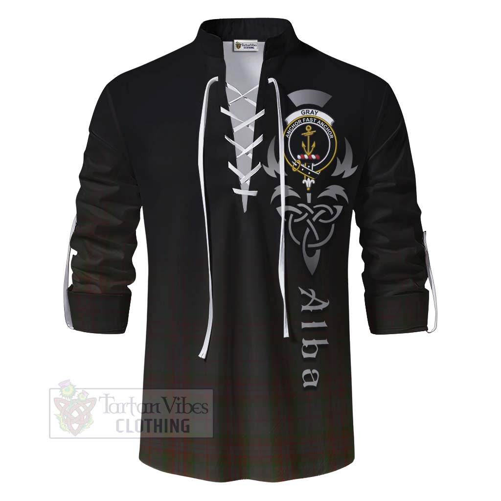 Tartan Vibes Clothing Gray Tartan Ghillie Kilt Shirt Featuring Alba Gu Brath Family Crest Celtic Inspired