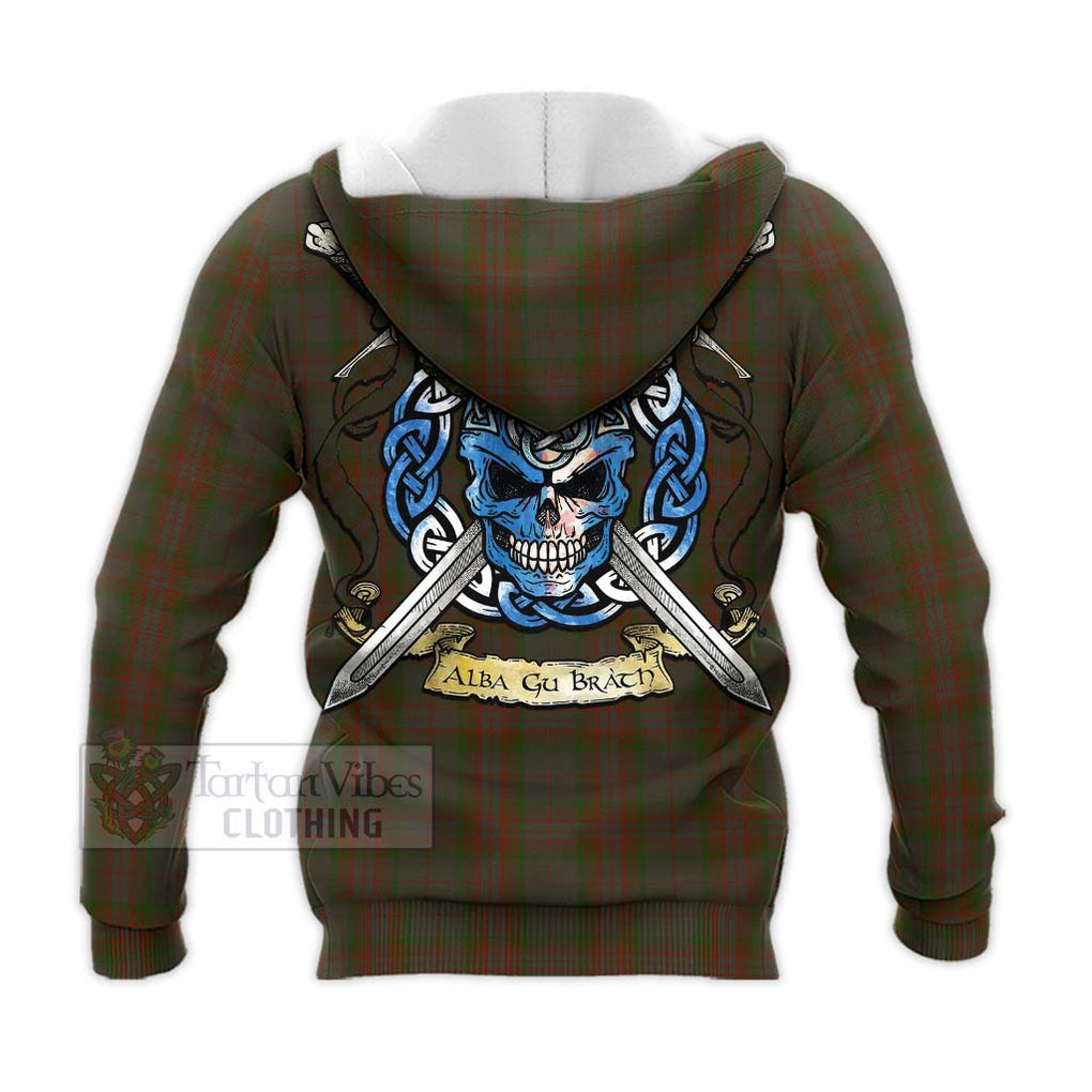 Tartan Vibes Clothing Gray Tartan Knitted Hoodie with Family Crest Celtic Skull Style