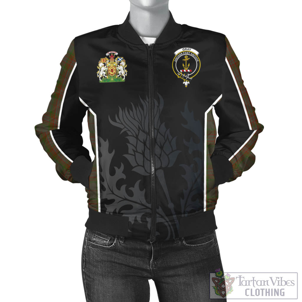 Tartan Vibes Clothing Gray Tartan Bomber Jacket with Family Crest and Scottish Thistle Vibes Sport Style