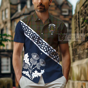 Gray Tartan Short Sleeve Button Shirt Featuring Thistle and Scotland Map