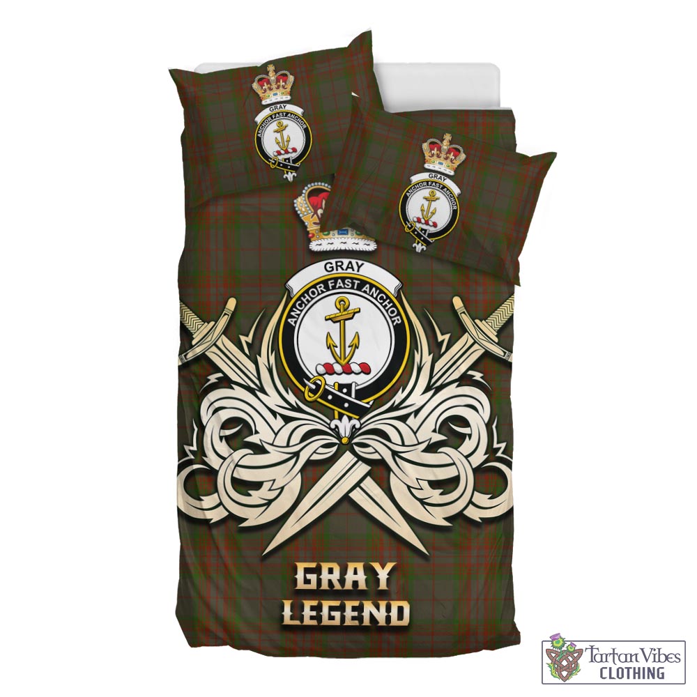 Tartan Vibes Clothing Gray Tartan Bedding Set with Clan Crest and the Golden Sword of Courageous Legacy