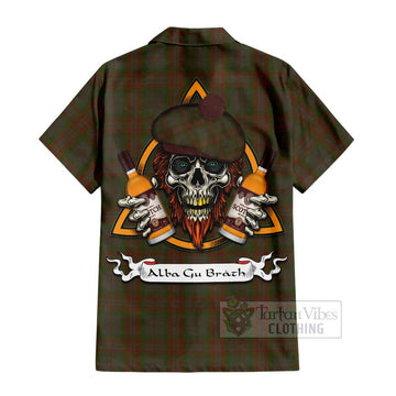 Gray Tartan Short Sleeve Button Shirt with Family Crest and Bearded Skull Holding Bottles of Whiskey