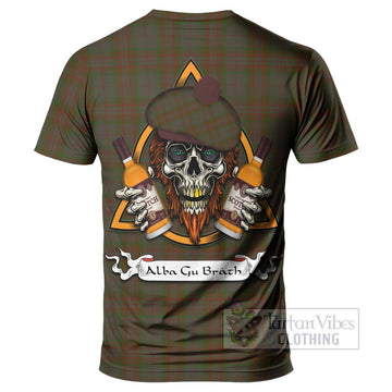 Gray Tartan T-Shirt with Family Crest and Bearded Skull Holding Bottles of Whiskey