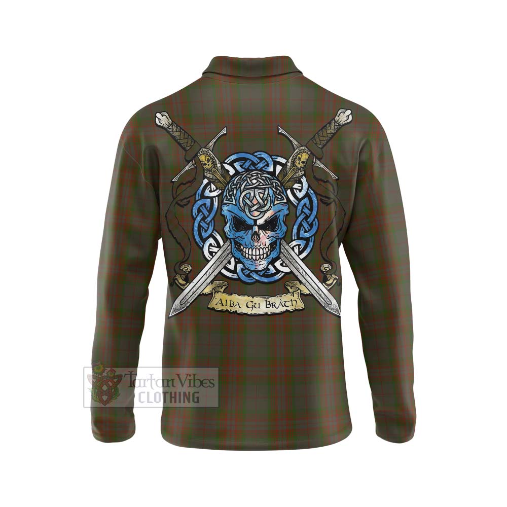 Tartan Vibes Clothing Gray Tartan Long Sleeve Polo Shirt with Family Crest Celtic Skull Style