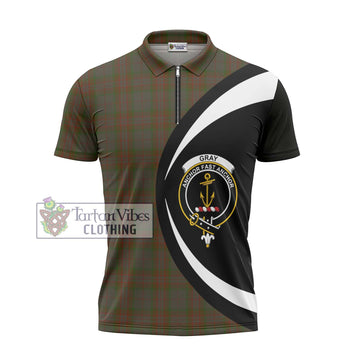 Gray Tartan Zipper Polo Shirt with Family Crest Circle Style