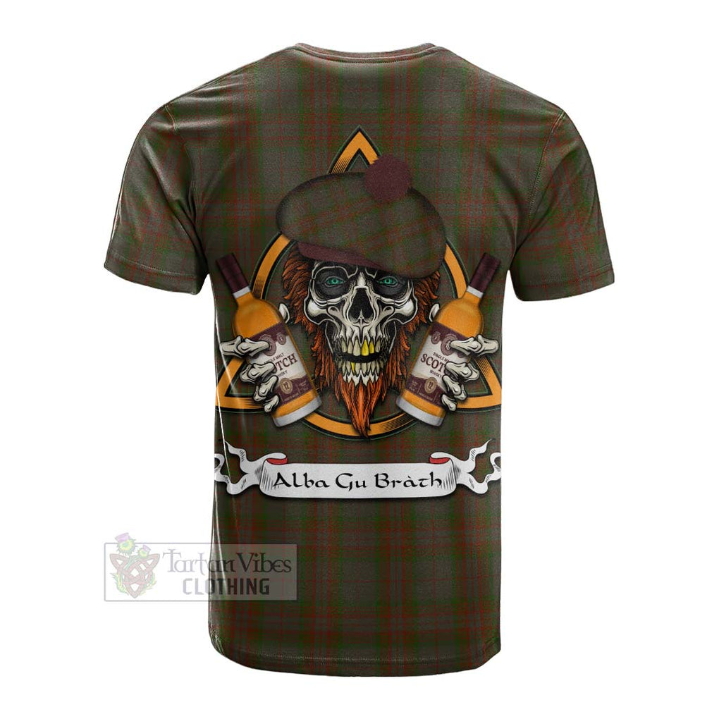 Tartan Vibes Clothing Gray Tartan Cotton T-shirt with Family Crest and Bearded Skull Holding Bottles of Whiskey