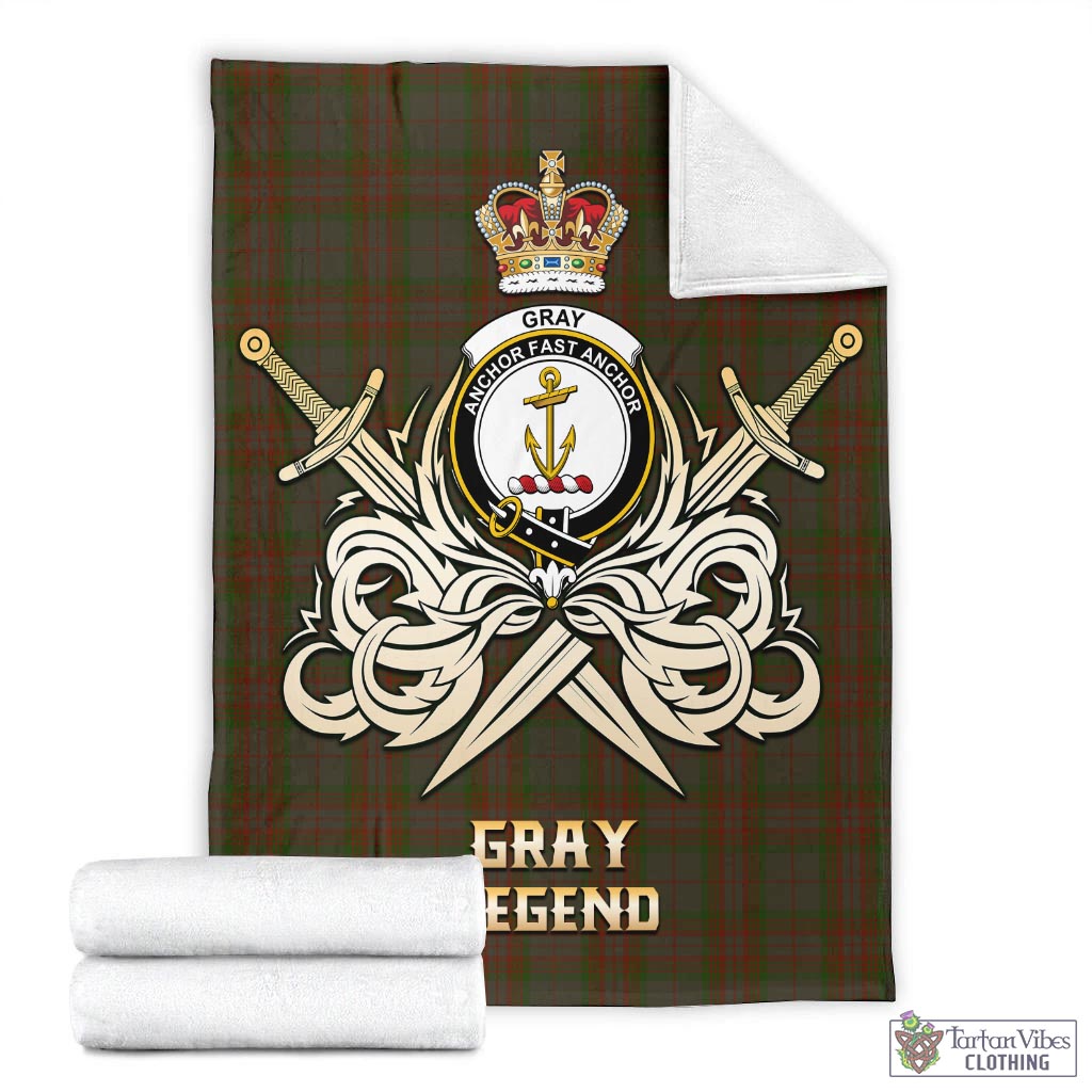 Tartan Vibes Clothing Gray Tartan Blanket with Clan Crest and the Golden Sword of Courageous Legacy