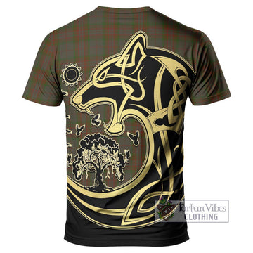 Gray Tartan T-Shirt with Family Crest Celtic Wolf Style