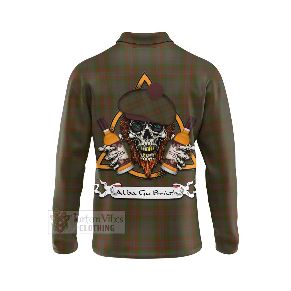 Tartan Vibes Clothing Gray Tartan Long Sleeve Polo Shirt with Family Crest and Bearded Skull Holding Bottles of Whiskey