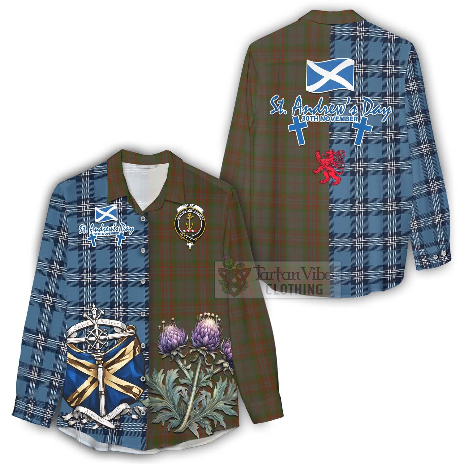 Tartan Vibes Clothing Gray Tartan Women's Casual Shirt Happy St. Andrew's Day Half Tartan Style