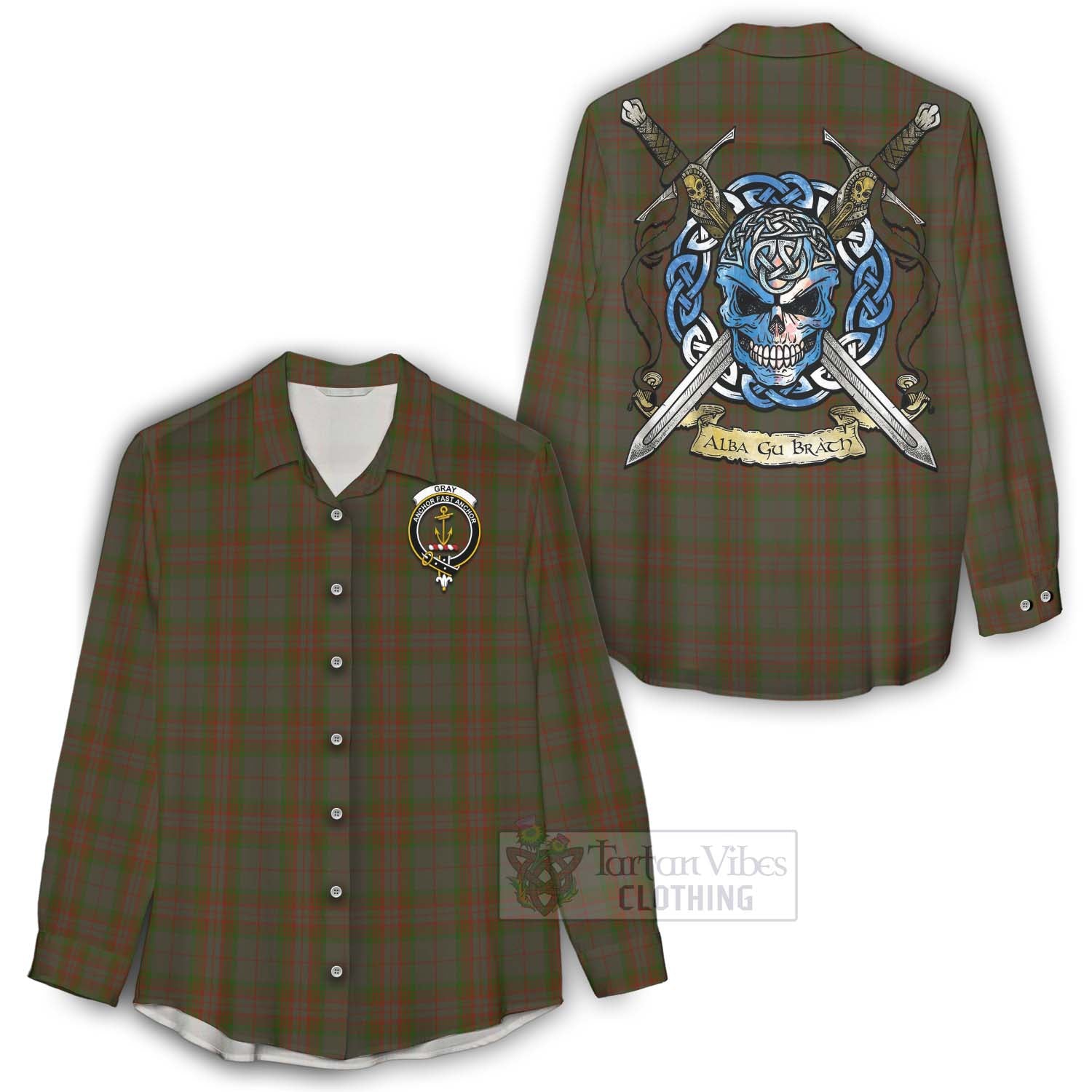 Tartan Vibes Clothing Gray Tartan Women's Casual Shirt with Family Crest Celtic Skull Style