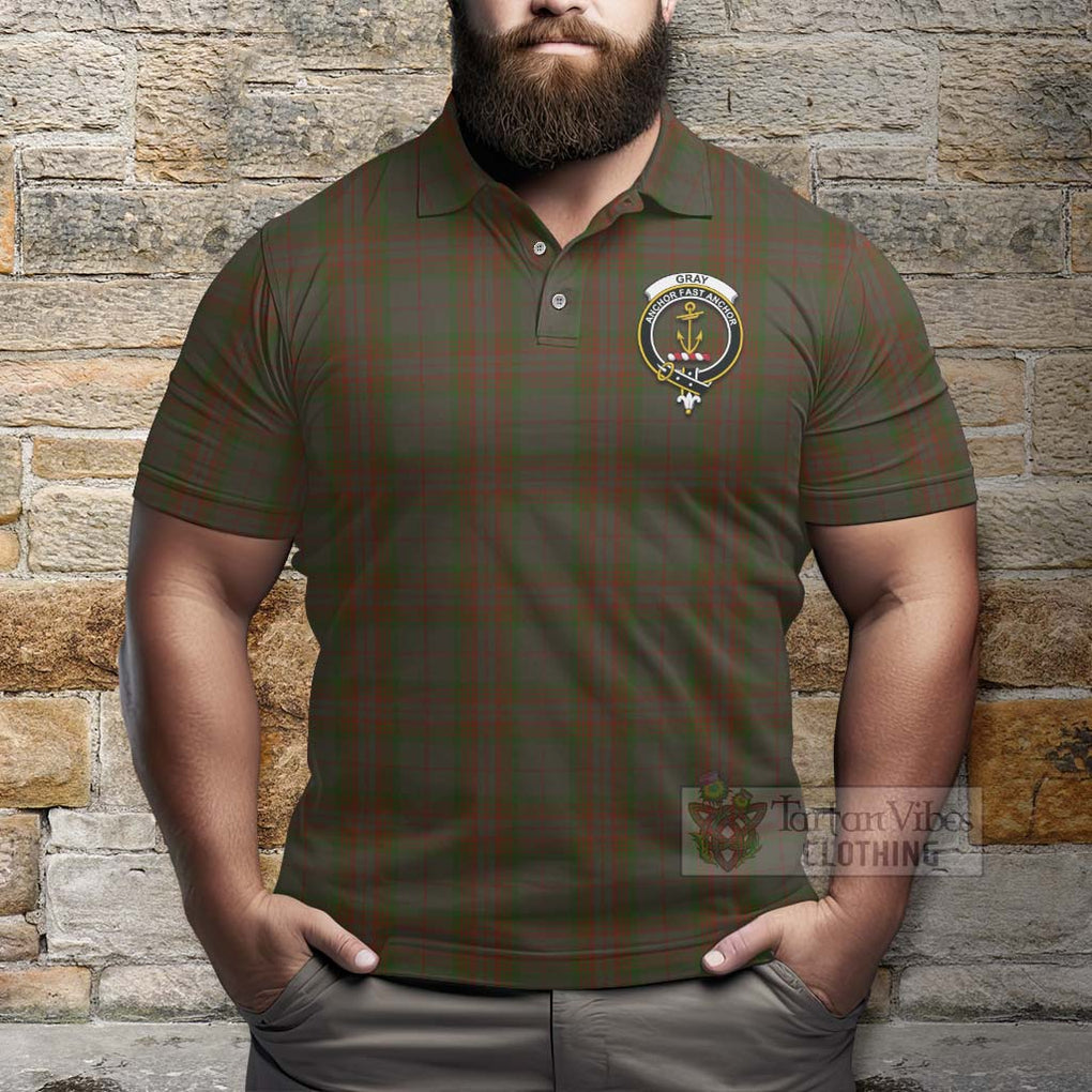 Tartan Vibes Clothing Gray Tartan Polo Shirt with Family Crest and Bearded Skull Holding Bottles of Whiskey