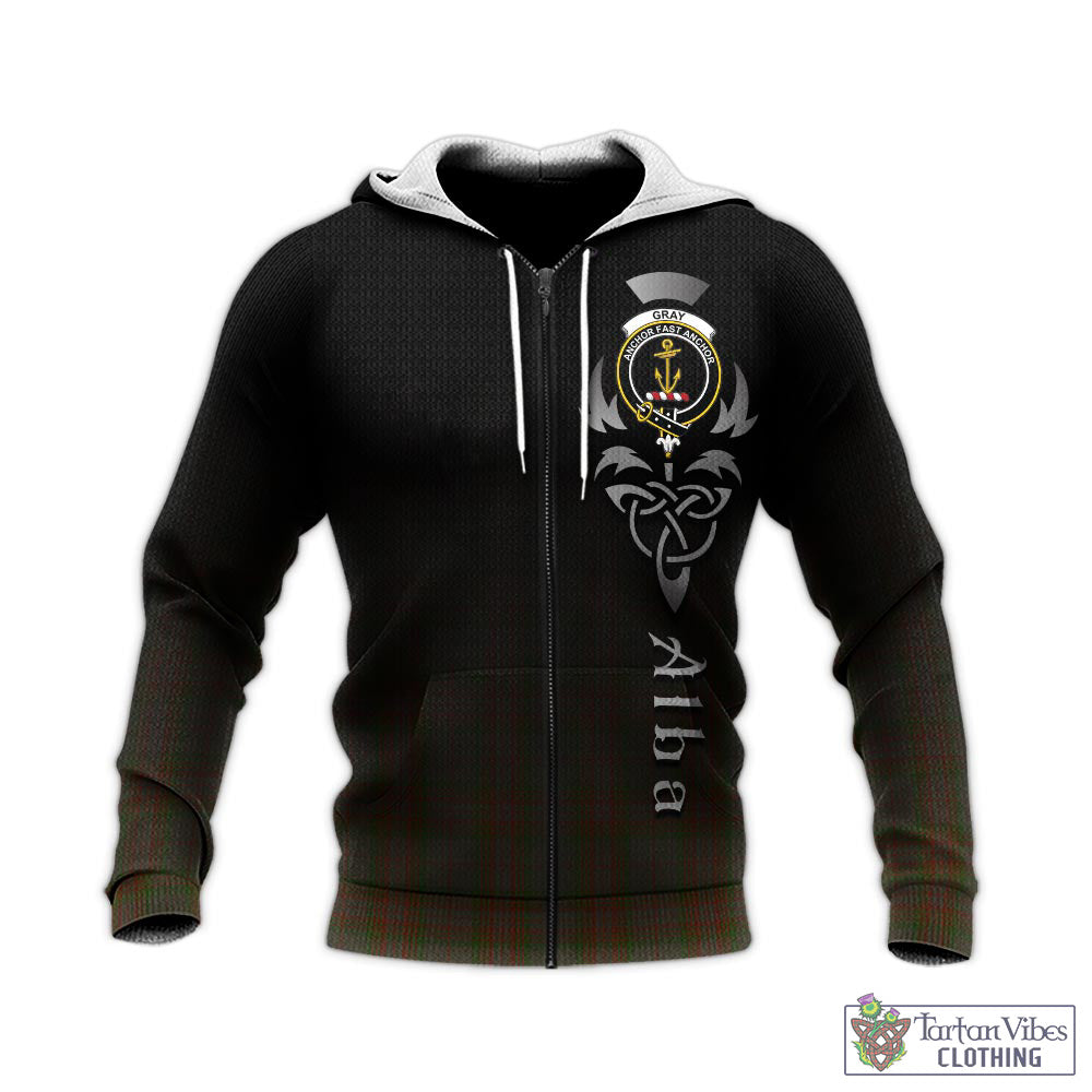 Tartan Vibes Clothing Gray Tartan Knitted Hoodie Featuring Alba Gu Brath Family Crest Celtic Inspired