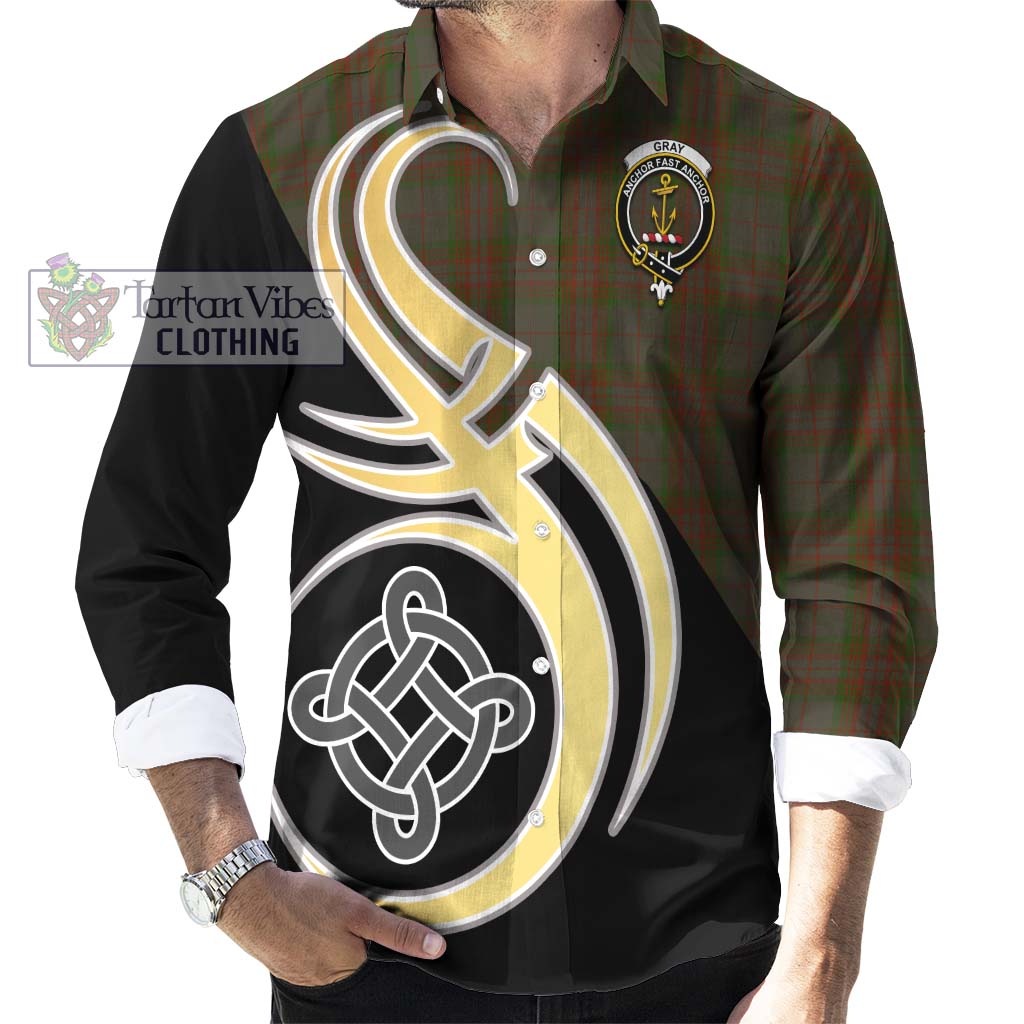 Gray Tartan Long Sleeve Button Shirt with Family Crest and Celtic Symbol Style - Tartan Vibes Clothing