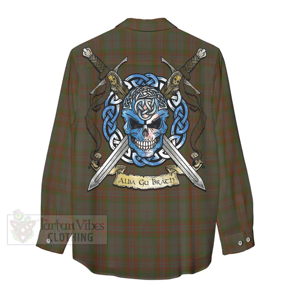 Tartan Vibes Clothing Gray Tartan Women's Casual Shirt with Family Crest Celtic Skull Style