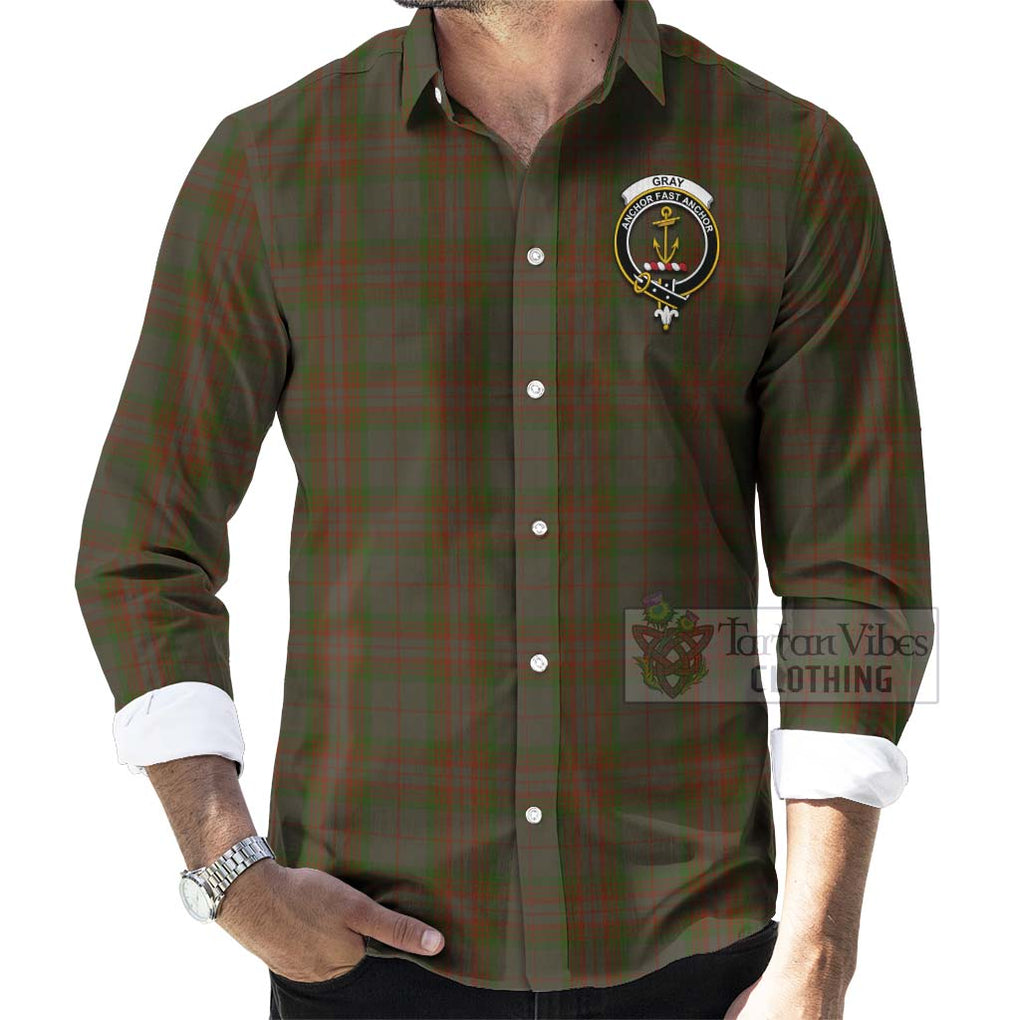 Tartan Vibes Clothing Gray Tartan Long Sleeve Button Shirt with Family Crest and Bearded Skull Holding Bottles of Whiskey